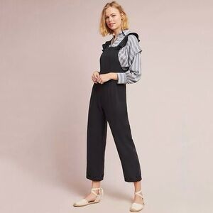 Anthropologie Dolan Octavia Ruffled Dungarees Tencel Linen Jumpsuit Black XS